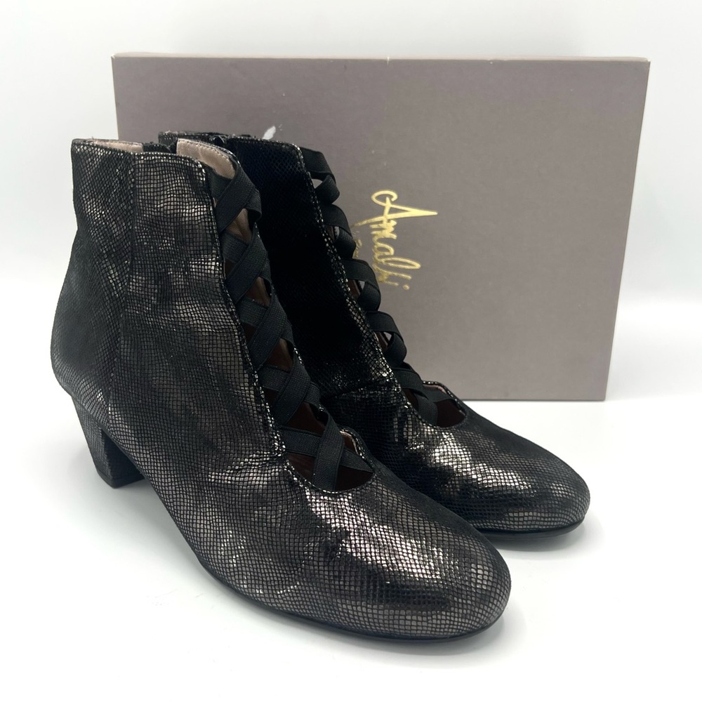 Amalfi Portale Black Metallic Textured Leather Faux Lace-Up Boots, Size 9